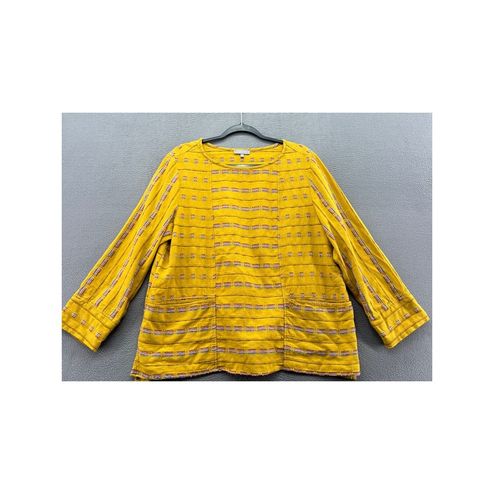 Habitat Shirt Womens Sz M Mustard Yellow Embroidered Stripe Pocket Top